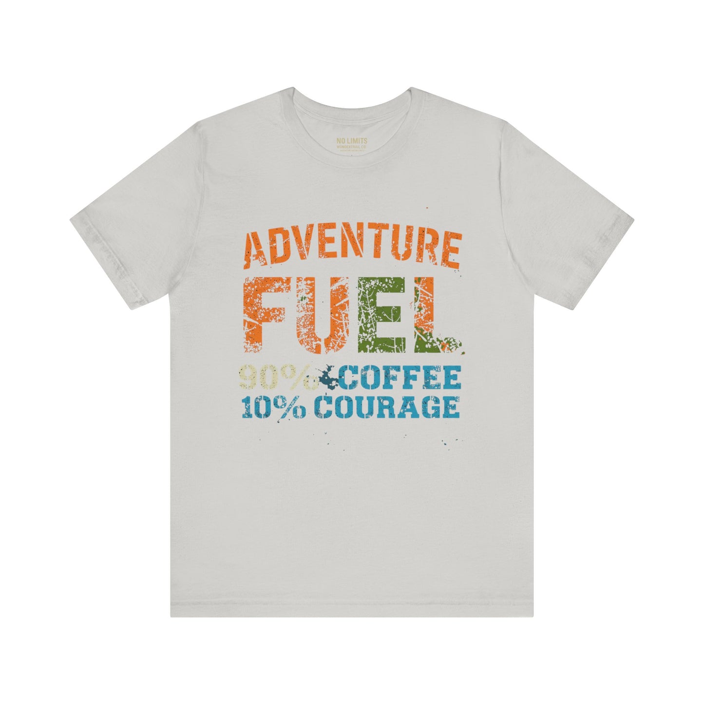 White Adventure Fuel coffee t-shirt detail view showing vintage graphic design and quality fabric