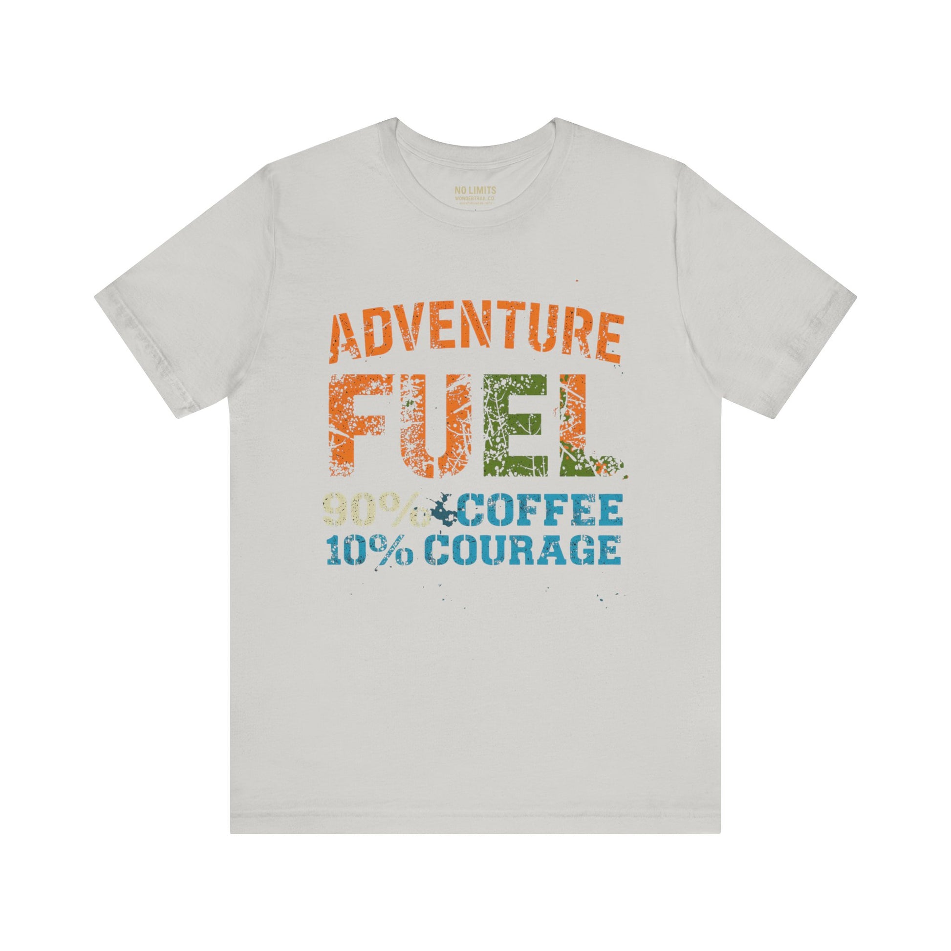 White Adventure Fuel coffee t-shirt detail view showing vintage graphic design and quality fabric