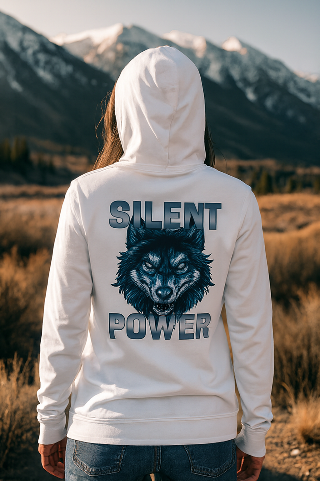 White hoodie with bold Silent Power wolf graphic in blue and black, outdoor adventure sweatshirt for hikers, explorers, and nature lovers — motivational WonderTrail.Co apparel