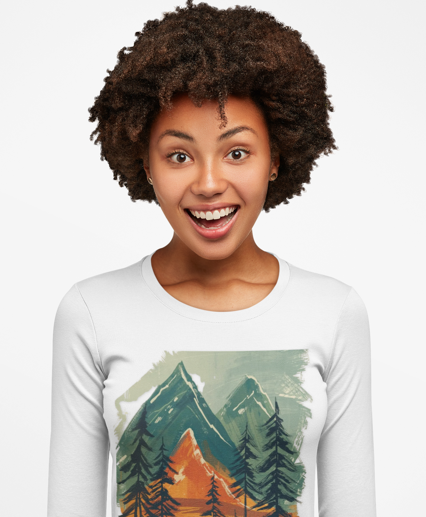 “White long-sleeve unisex T-shirt with colorful mountain and evergreen forest graphic design, nature-inspired adventure apparel for hikers, explorers, and outdoor lifestyle fashion.