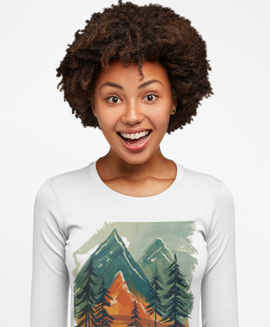 “White long-sleeve unisex T-shirt with colorful mountain and evergreen forest graphic design, nature-inspired adventure apparel for hikers, explorers, and outdoor lifestyle fashion.