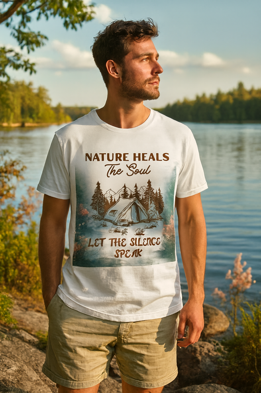 White unisex T-shirt with camping scene graphic featuring tent, pine trees, and mountains plus Nature Heals the Soul and Let the Silence Speak slogans — WonderTrail.Co outdoor adventure apparel for hikers, campers, and nature lovers.