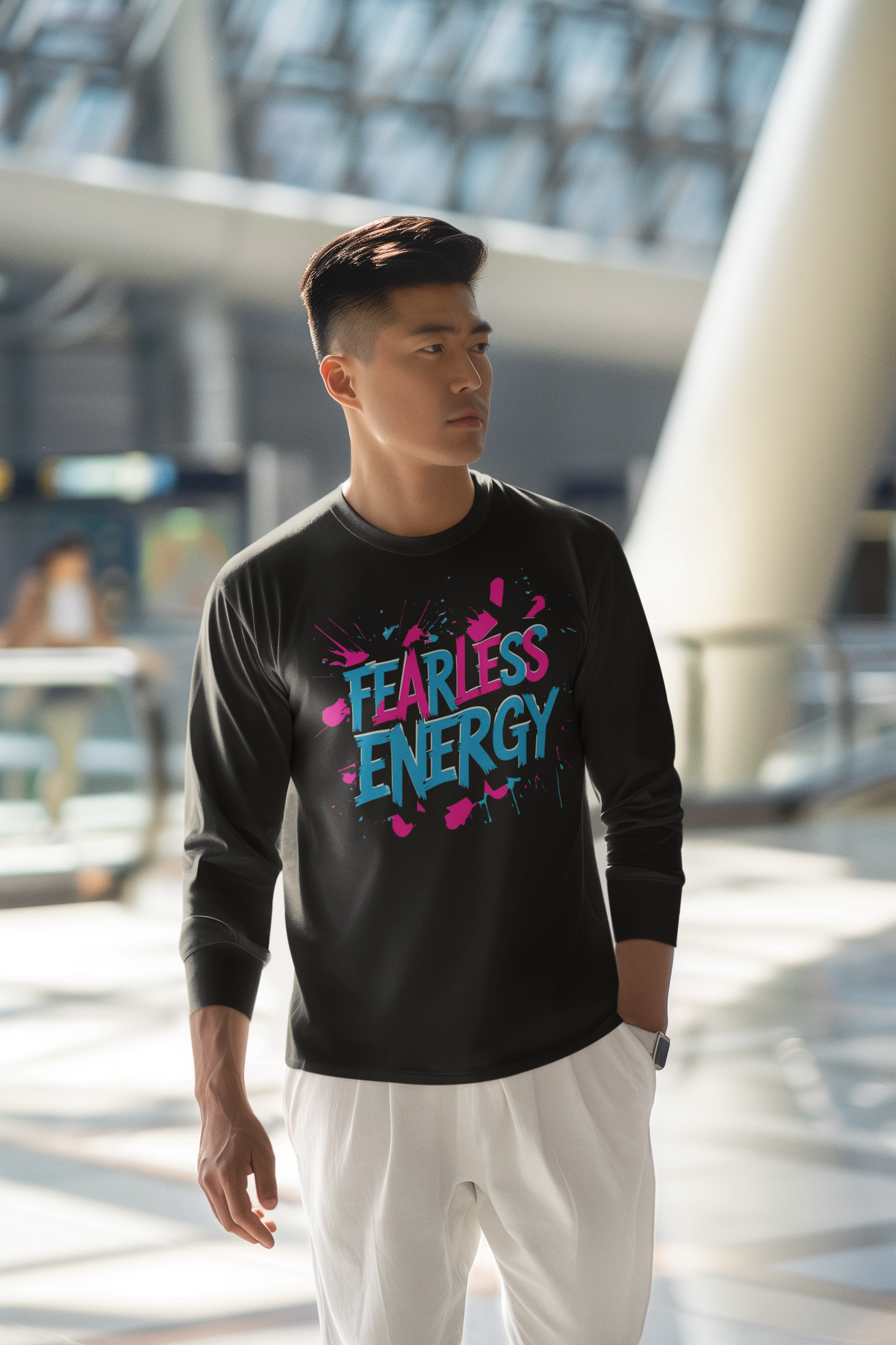 Man wearing a black sweatshirt with 'Fearless Energy' text in colorful letters, standing in an indoor setting.
